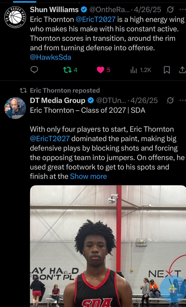 Since March to present day..no matter the event 6’4 wing, Eric Thornton has been one of the top prospects.  With a 3.9 gpa he is a true gem in the class of 2027.