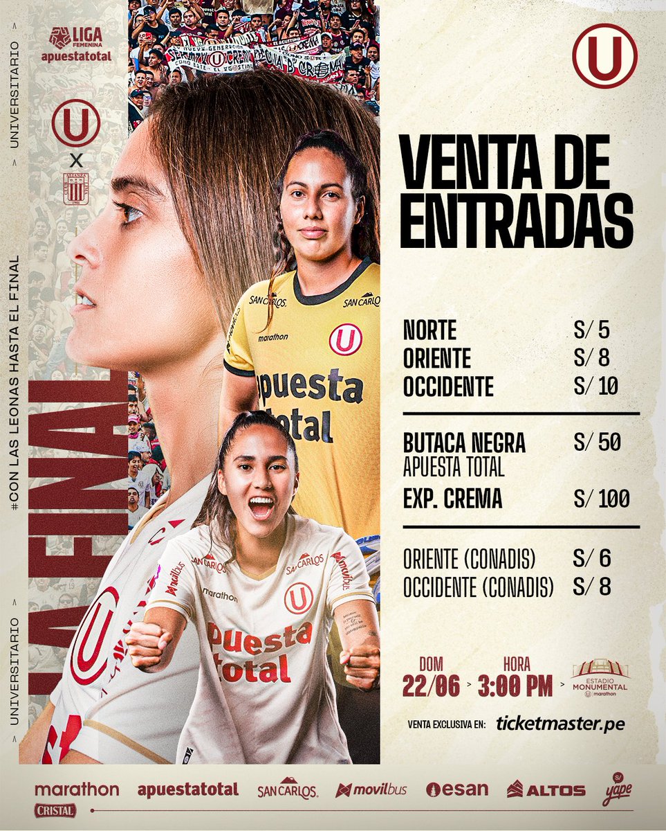 𝗧𝗢𝗗𝗢𝗦 𝗝Ⓤ𝗡𝗧𝗢𝗦 𝗘𝗡 𝗨𝗡𝗔 𝗡𝗨𝗘𝗩𝗔 𝗙𝗜𝗡𝗔𝗟 💛🔥

Abrimos la venta general de entradas para la vuelta de la final del Apertura 2025 ante Alianza Lima.

¡Todos a alentar a las Leonas! 🙌

🎟️ Adquiere tus entradas aquí ▶ bit.ly/4e4ocMt
