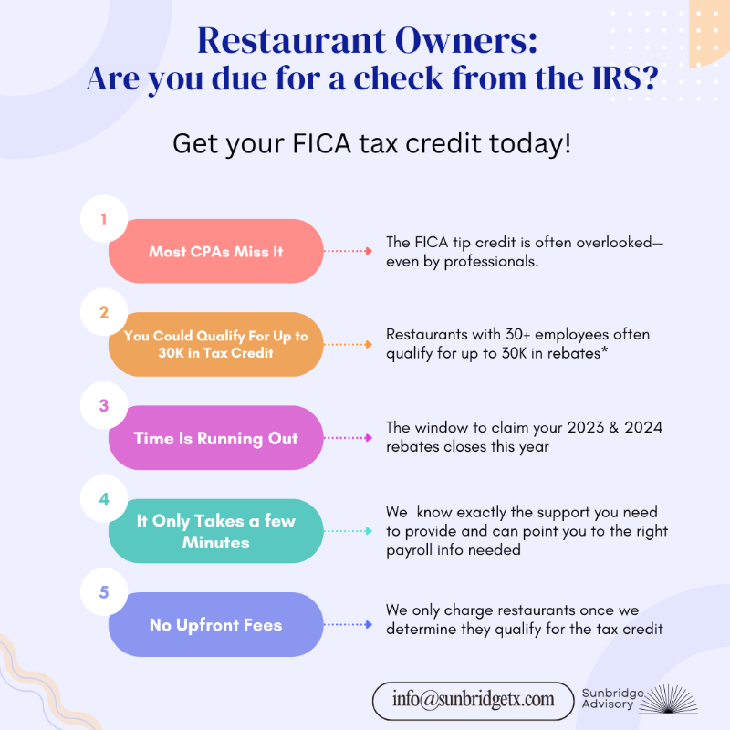 SunbridgeTX's tweet photo. Likely the most unclaimed tax credit for restaurant owners