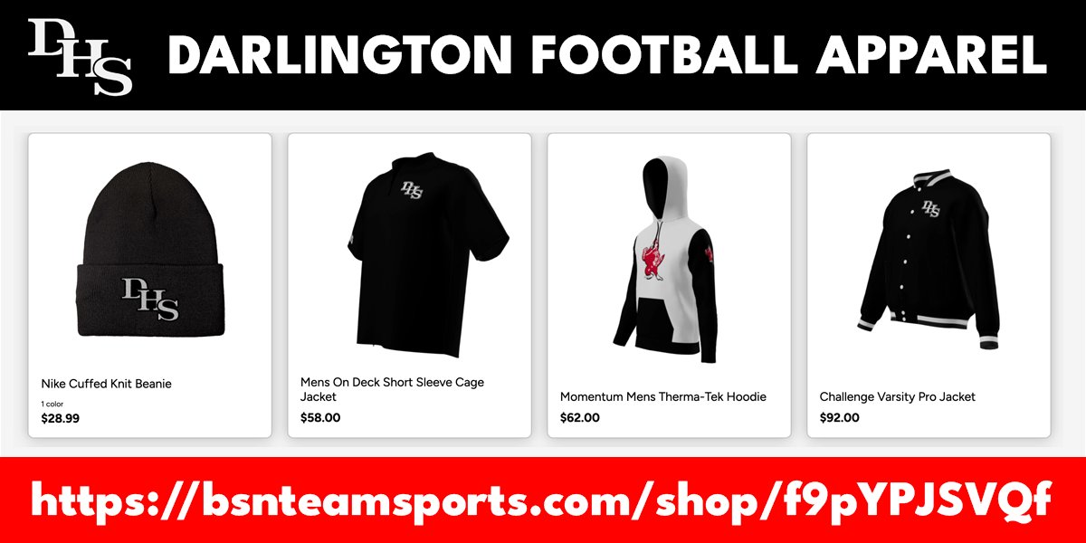 The 2025 Darlington Football Apparel Store is open for business! The store closes June 23, so place your orders soon. Find the official store at bsnteamsports.com/shop/f9pYPJSVQf