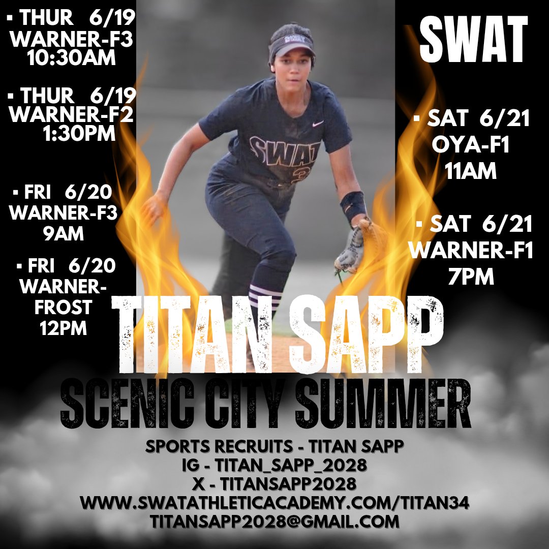 Titan Sapp (@titansapp2028) on Twitter photo We would love for you to come out and watch our team!
<a href="/SWAT_Ath_Acad/">S.W.A.T. Athletic Academy</a>
Come and see the team with the most heart and fight!
#Titan #titansapp #sappsisters #builtSWATtough #softball #classof2028 #secondbase #2ndbase #swat #fastpitch #softball We would love for you to come out and watch our team!
<a href="/SWAT_Ath_Acad/">S.W.A.T. Athletic Academy</a>
Come and see the team with the most heart and fight!
#Titan #titansapp #sappsisters #builtSWATtough #softball #classof2028 #secondbase #2ndbase #swat #fastpitch #softball