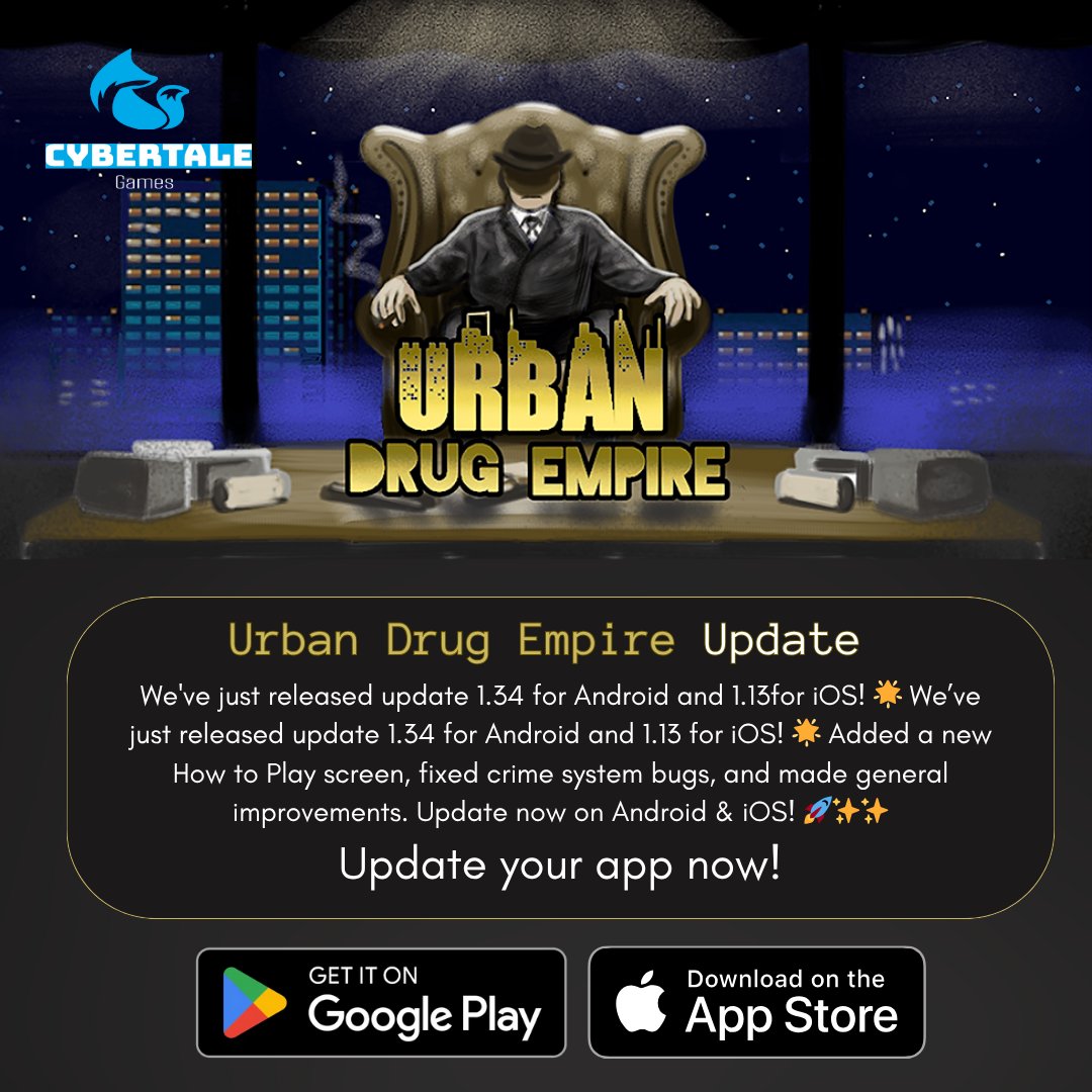 CybertaleGames's tweet image. 🔧 Urban Drug Empire just got a small update on iOS and Android!
- New “How to Play” screen to help new players
- Minor fixes and behind-the-scenes polish
Thanks to everyone still playing — more news on Urban Drug Empire 2 coming soon. #urbandrugempire