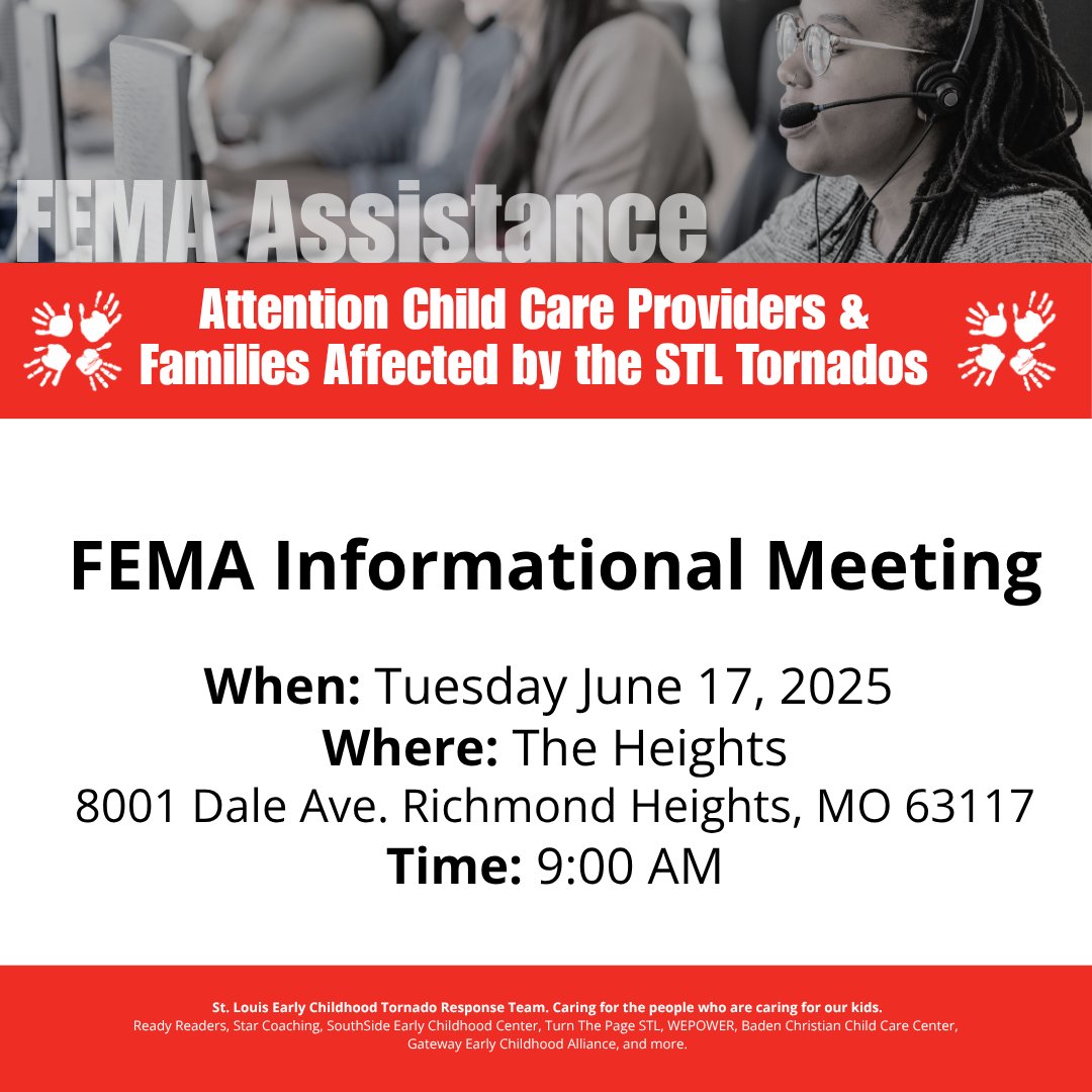 If the recent tornadoes impacted your center, we encourage you to attend tomorrow morning's (Tuesday, June 17) FEMA presentation at 9:00 AM at The Heights, Richmond Heights Community Center, located at 8001 Dale Ave., Richmond Heights, MO 63117.
 
We hope to see you there!