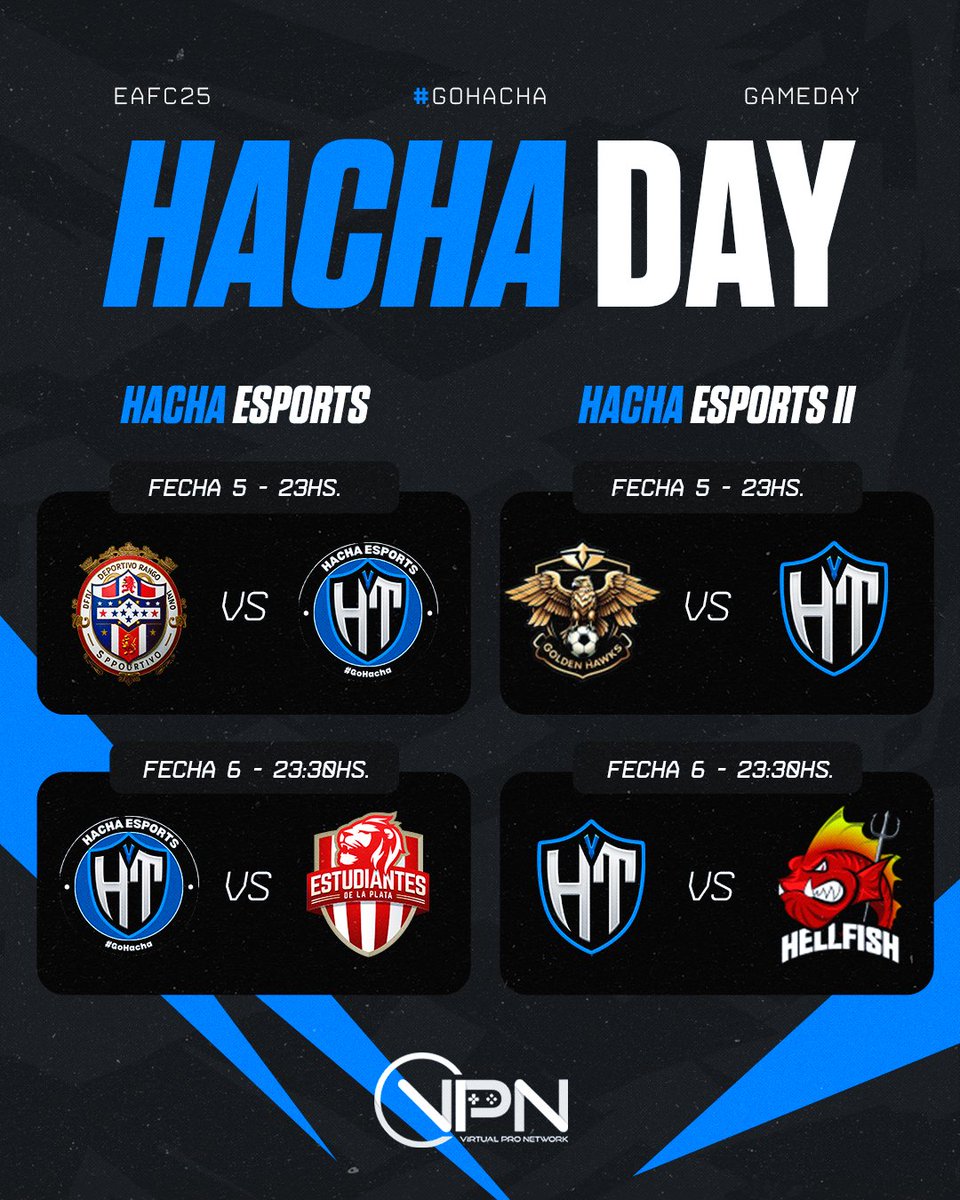🔵 MATCHDAY || #EAFC25 ⚪️

Arranca una nueva semana de competencias en <a href="/vpn_argentina/">VPN Argentina</a> 🔥

Desde las 23hs 🇦🇷 nuestros planteles estaran disputando la fecha 5 y 6 del torneo 💪

🔷Segui la jornada por nuestro canal de twitch
📺twitch.tv/hachaesports

#GoHacha | #ClubesPro