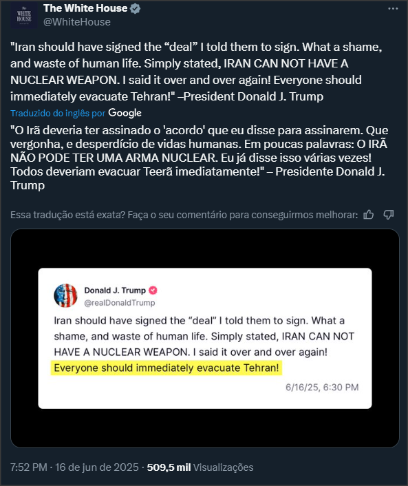 🚨URGENTE

Donald Trump pediu para todos evacuarem imediatamente Teerã, capital do Irã

A Casa Branca compartilhou a publicação de Trump

Será que teremos alguma ofensiva militar dos EUA no Irã?

👉 Estamos AO VIVO no Youtube: youtu.be/iVTOuN1joO0