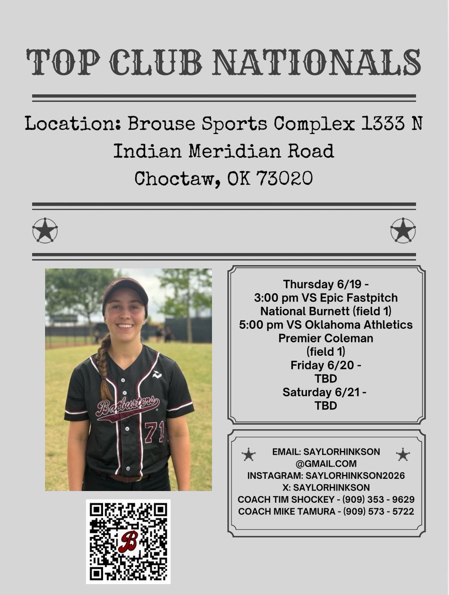 Check out my team’s schedule for the Top club tournament in Oklahoma this week!! <a href="/CoastRecruits/">Coast 2 Coast Recruits</a> <a href="/CoastRecruitsSB/">Coast Recruits 🥎</a> <a href="/247recruiting/">247Sports Recruiting</a> <a href="/IHartFastpitch/">I❤️Fastpitch</a> <a href="/coach_kgreen/">Kelley Green</a> <a href="/Coach_Jo_Evans/">Jo Evans</a> <a href="/_shayknighten/">Shay Knighten</a> <a href="/StaceyNuveman/">Stacey Nuveman Deniz</a> <a href="/Sam_Marder/">sam marder</a> <a href="/MelyssaLombardi/">Melyssa Lombardi</a> <a href="/allie_schnee/">Allie Hancock-Schneemann</a>