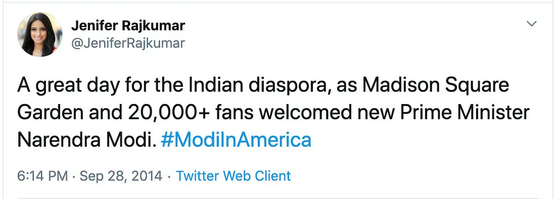 Jenifer Rajkumar has a history of supporting and being supported by known right wing Hindu nationalists. She also welcomed Modi in 2014. 

We dug into her donations in 2020 when she first ran for assembly in Queens:

medium.com/@queensagainst…