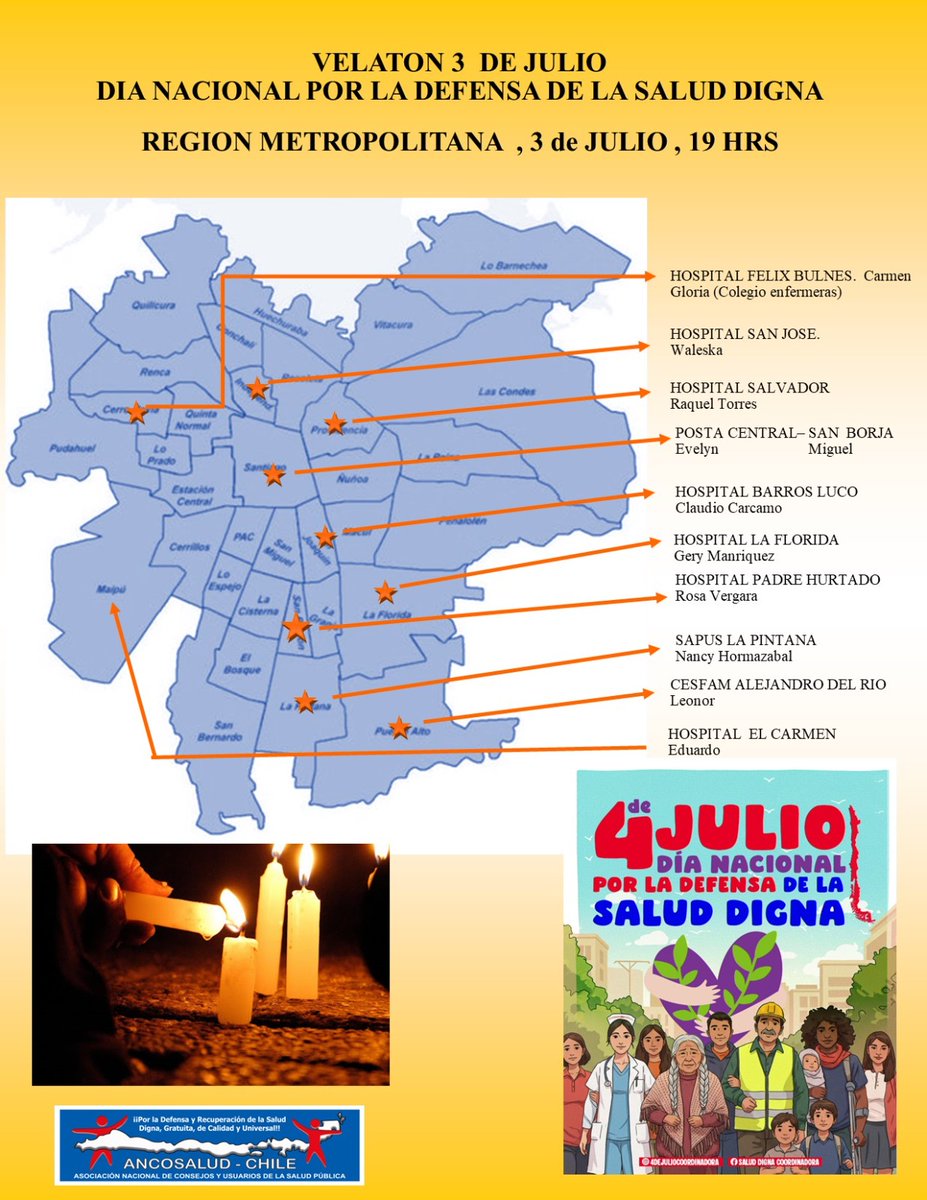 Únete a la velatón nacional por la  Defensa de la #SaludDigna, este #3deJulio ⏰19:00 hrs. en las afueras de Hospitales y establecimientos de Atención Primaria. 
Nos manifestamos en nombre de #AmeliaSalazar y de todas las personas que han muerto esperando salud digna y oportuna🙌🏼