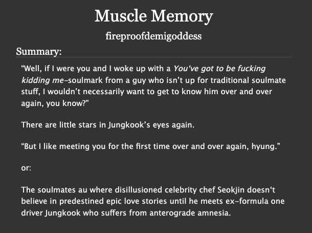 9297recs's tweet photo. Muscle Memory by @fireproofdemiG 

→ mature , 80,726
→ alt. universe- Soulmates/ Celebrity
→ formula1 driver!jk x chef!sj
→ amnesia
→ healing, fluff, lots of first kisses
→ angst with a happy ending 

https://t.co/IEoi7M9oFR https://t.co/bDHD02GO28
