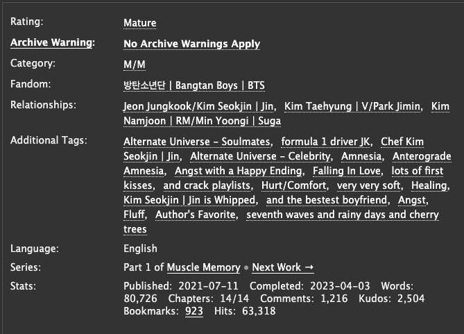 9297recs's tweet photo. Muscle Memory by @fireproofdemiG 

→ mature , 80,726
→ alt. universe- Soulmates/ Celebrity
→ formula1 driver!jk x chef!sj
→ amnesia
→ healing, fluff, lots of first kisses
→ angst with a happy ending 

https://t.co/IEoi7M9oFR https://t.co/bDHD02GO28