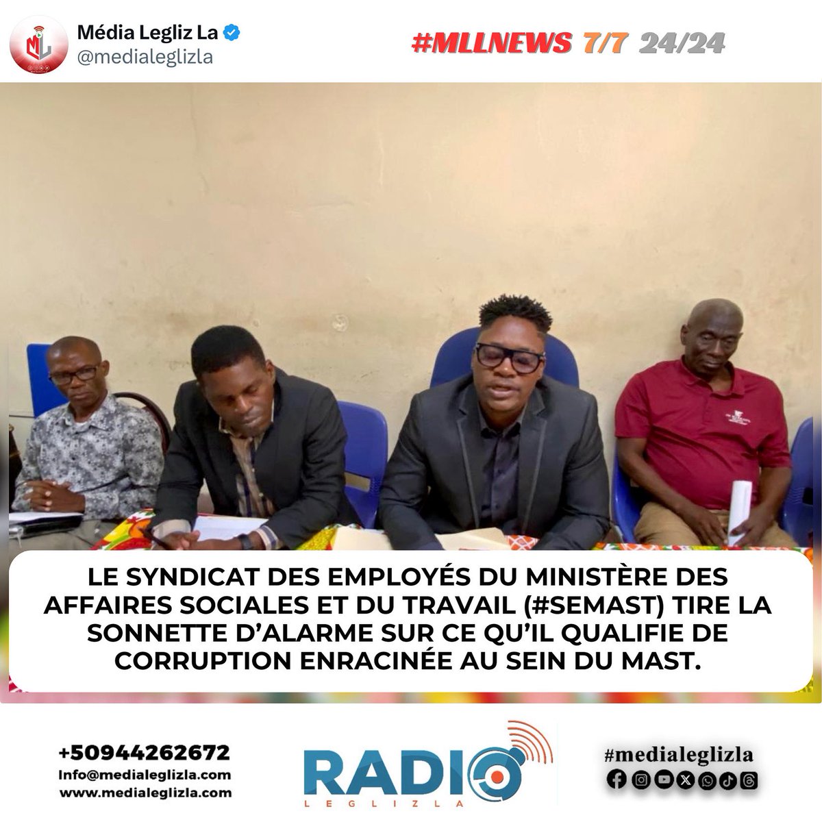 medialeglizla's tweet photo. Le Syndicat des employés du ministère des Affaires sociales et du Travail (#SEMAST) tire la sonnette d’alarme sur ce qu’il qualifie de corruption enracinée au sein du MAST. Lors d’une conférence de presse tenue le 13 juin, les responsables syndicaux ont vivement critiqué la gestion du ministre Georges Wilbert Frank, qu’ils accusent d’être impliqué dans des malversations financières, la création de projets fictifs et le blocage volontaire de plusieurs dossiers administratifs.
« L’État colle ses oreilles avec de la colle forte pour ignorer nos cris », a martelé Ernst Thélémaque, président du syndicat, dénonçant une politique de mépris envers les employés.
Face à cette situation qu’il juge intenable, le SEMAST réclame une enquête de l’#ULCC, la régularisation des employés oubliés, le paiement intégral des arriérés de salaires, et lance un appel pressant à la mobilisation générale.
#MLLnews
#Leglizlive
#medialeglizla