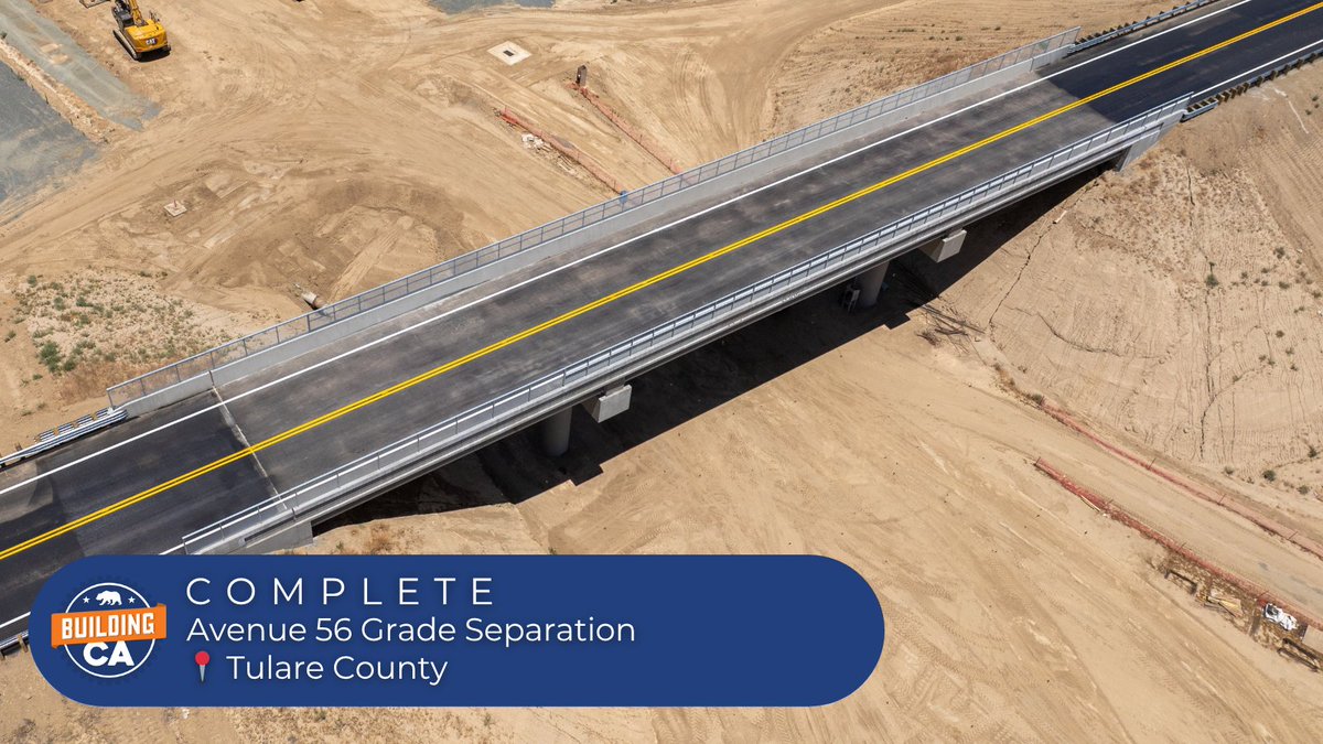 CaHSRA's tweet image. COMPLETE: Avenue 56 Grade Separation in Tulare County
About the structure:
🏗 219 ft. long, 35 ft. wide
🚧 12 pre-cast girders
💪 161,795 lbs of steel
This is the fifth structure to be completed in 2025 & will take traffic over future HSR tracks!
hsr.ca.gov/2025/06/16/pho…