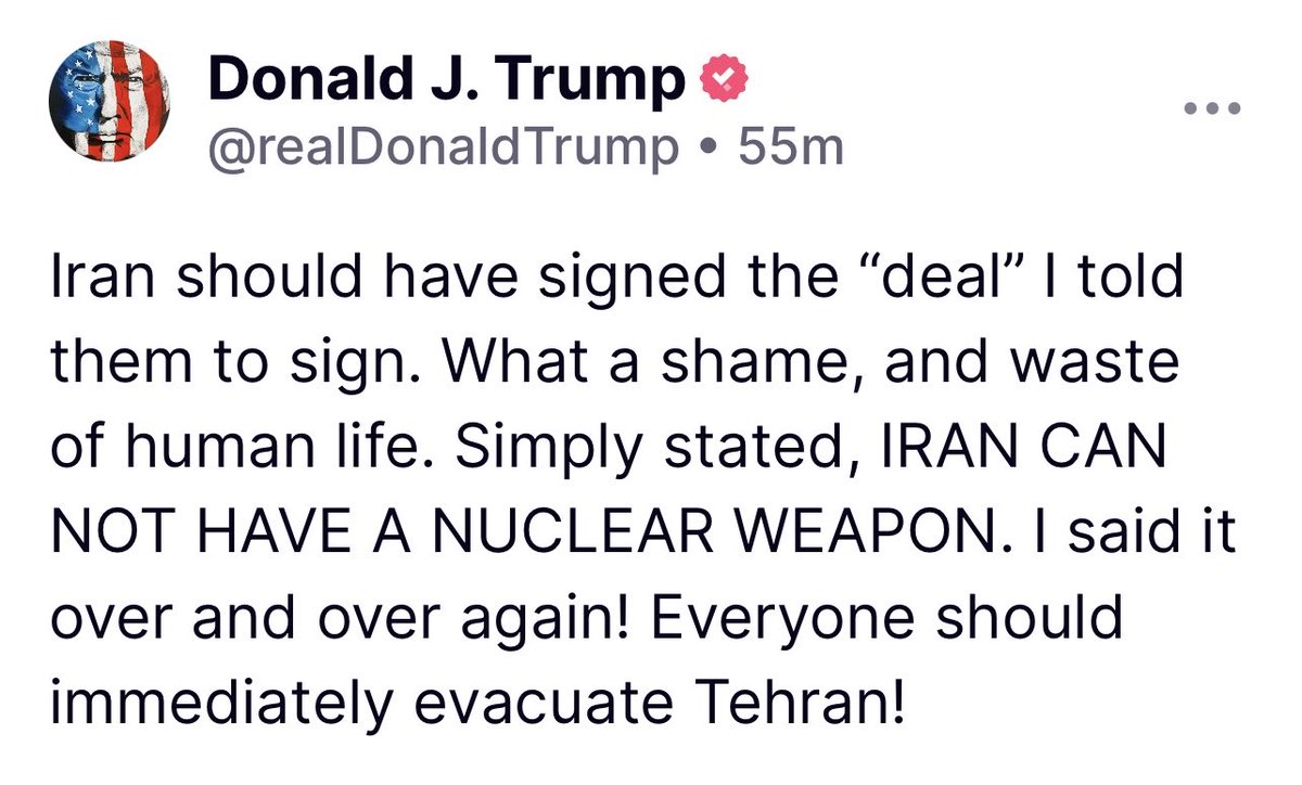 Trump: Everyone should immediately evacuate Tehran!

What are your thoughts on this?
