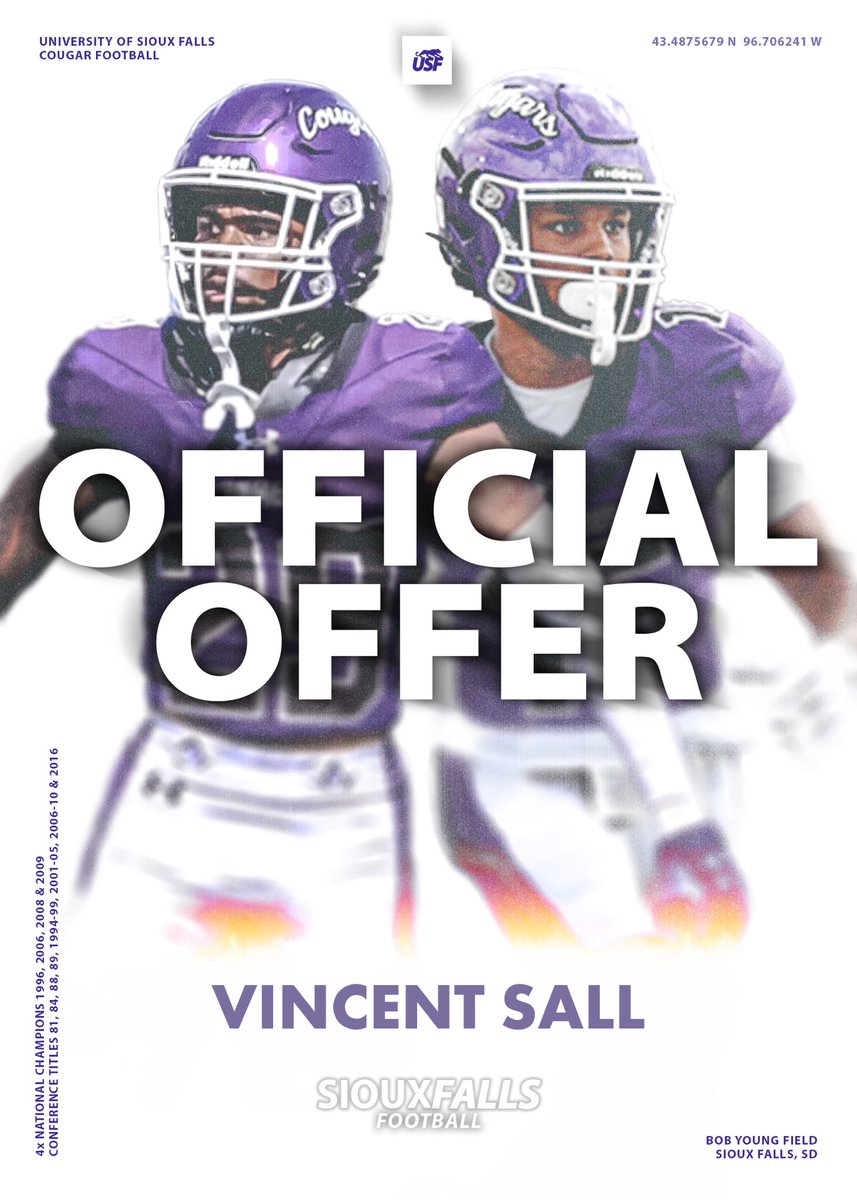 Vincent Sall (@vincentsall_) on Twitter photo After a great conversation with <a href="/CoachLueds/">Lucas Lueders</a>, I am blessed to receive an offer from <a href="/USFCougarsFB/">USF Football</a>!!
<a href="/Warren_Academy/">Warren Academy</a>
<a href="/tjmw66/">Tjmw66</a>
<a href="/CoachMooseDC/">Coach Moose</a>
<a href="/CPFootball17/">Creighton Prep FB</a> After a great conversation with <a href="/CoachLueds/">Lucas Lueders</a>, I am blessed to receive an offer from <a href="/USFCougarsFB/">USF Football</a>!!
<a href="/Warren_Academy/">Warren Academy</a>
<a href="/tjmw66/">Tjmw66</a>
<a href="/CoachMooseDC/">Coach Moose</a>
<a href="/CPFootball17/">Creighton Prep FB</a>
