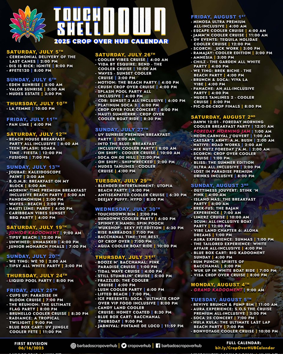 CropOverHUB's tweet image. 🇧🇧 Ready to TOUCH DOWN and SHELL DOWN at some of the biggest events of the Sweetest Summer Festival in #Barbados?
The 2025 edition of the Crop Over HUB Events Calendar is now LIVE! 🥳 #CropOver2025
📱⬇️ Download: bit.ly/HUBCalendar25