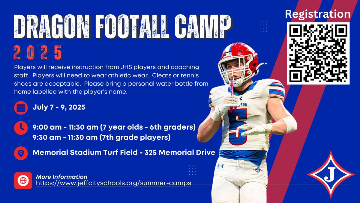 🚨 All Future Dragons!! 🚨 

Join us July 7th, 8th &amp; 9th for the Dragon Football 🏈 Camp!! 

More Information @ 
jeffcityschools.org/summer-camps
