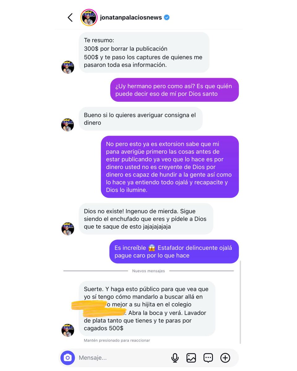 Atención: Jonatan Palacios, ciudadano colombiano, es denunciado por EXTORSIÓN y ESTAFA vía redes sociales. Usa difamación para exigir dinero a cambio d eliminar publicaciones.

¡No caigas en sus trampas! La justicia vencerá. Seguiremos informando <a href="/JPActivista/">Jonatan Palacios</a>  
#JonatanPalacios
