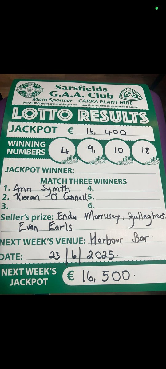 Sarsfields GAA (@sarsfieldsgaa) on Twitter photo Results ✅
<a href="/Galway_GAA/">Galway GAA Official</a> <a href="/FlirtFMSport/">FlirtFMSport</a>
Link for next week's draw below:
sarsfieldsgaa.clubforce.com/products/lotto… Results ✅
<a href="/Galway_GAA/">Galway GAA Official</a> <a href="/FlirtFMSport/">FlirtFMSport</a>
Link for next week's draw below:
sarsfieldsgaa.clubforce.com/products/lotto…