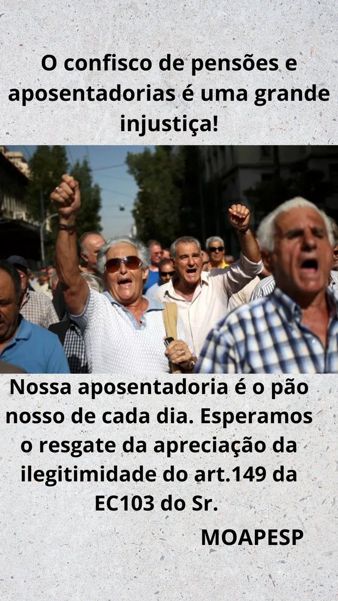 Sandra lutando contra o confisco (@sandravacchi3) on Twitter photo <a href="/Cavalheira/">Cavalheira Esperanza 🇫🇴</a> <a href="/Mairaavelino64/">🚩🚩Maira 🚩🚩</a> <a href="/LuizRiccardi/">Luiz Carlos Riccardi</a> <a href="/STF_oficial/">STF</a> <a href="/nunesmarquesk/">Kassio Nunes Marques</a> <a href="/MinAMendonca/">André Mendonça</a> <a href="/Cristianozaninm/">Cristiano Zanin Martins</a> <a href="/FlavioDino/">Flávio Dino 🇧🇷</a> <a href="/gilmarmendes/">Gilmar Mendes</a> <a href="/LRobertoBarroso/">Luís Roberto Barroso</a> <a href="/alexandre/">Alexandre de Moraes</a> Aposentados clamam por direitos. Ministros, ajam. Votem inconstitucionalidade.
@nunesmarquesK
<a href="/MinAMendonca/">André Mendonça</a>
<a href="/Cristianozaninm/">Cristiano Zanin Martins</a>
<a href="/FlavioDino/">Flávio Dino 🇧🇷</a>
Confisco Cruel
#AposentadoriaJusta <a href="/Cavalheira/">Cavalheira Esperanza 🇫🇴</a> <a href="/Mairaavelino64/">🚩🚩Maira 🚩🚩</a> <a href="/LuizRiccardi/">Luiz Carlos Riccardi</a> <a href="/STF_oficial/">STF</a> <a href="/nunesmarquesk/">Kassio Nunes Marques</a> <a href="/MinAMendonca/">André Mendonça</a> <a href="/Cristianozaninm/">Cristiano Zanin Martins</a> <a href="/FlavioDino/">Flávio Dino 🇧🇷</a> <a href="/gilmarmendes/">Gilmar Mendes</a> <a href="/LRobertoBarroso/">Luís Roberto Barroso</a> <a href="/alexandre/">Alexandre de Moraes</a> Aposentados clamam por direitos. Ministros, ajam. Votem inconstitucionalidade.
@nunesmarquesK
<a href="/MinAMendonca/">André Mendonça</a>
<a href="/Cristianozaninm/">Cristiano Zanin Martins</a>
<a href="/FlavioDino/">Flávio Dino 🇧🇷</a>
Confisco Cruel
#AposentadoriaJusta
