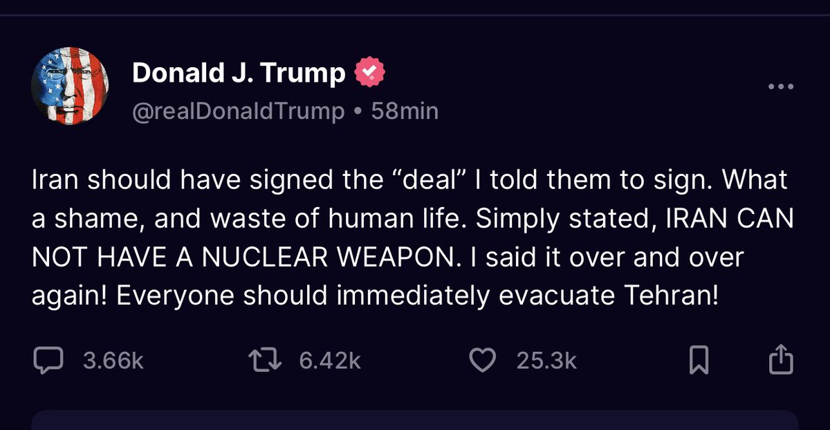 This is not defense. This is modern hostage-taking.
Economic sanctions, psychological warfare, and now public threats against civilians — all orchestrated by the U.S. and Israel.

Creating fear to extract political obedience is not peacekeeping. It’s coercion.

#StopTheWar
