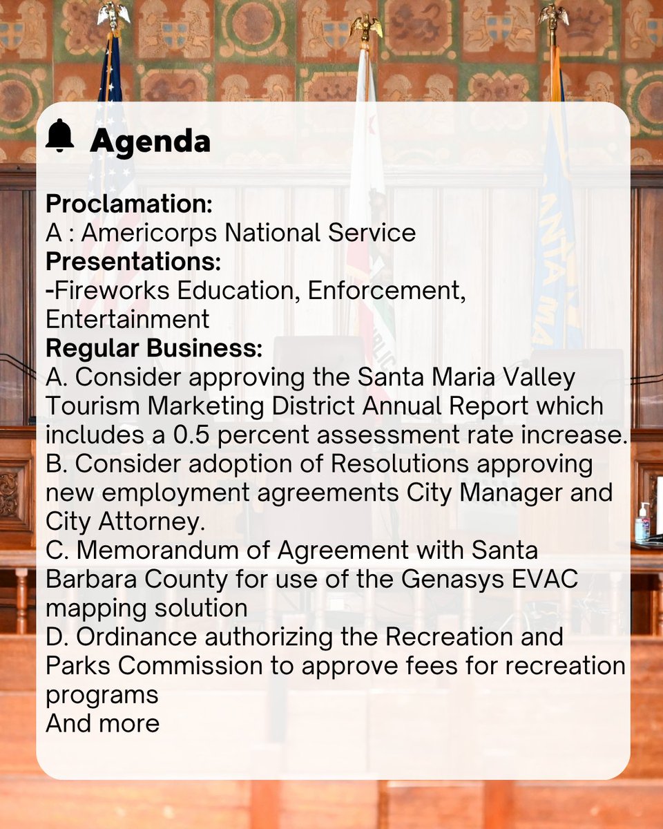City_SantaMaria's tweet image. ⏰Starts at 5:30 p.m.
🧏🏻♀️Closed captions available in Spanish and English 💬
📺 Watch live meeting at CityofSantaMaria.org/TV
Empieza a las 5:30 p.m.
Vea la reunión en vivo en
Subtítulos disponibles en español e inglés 💬