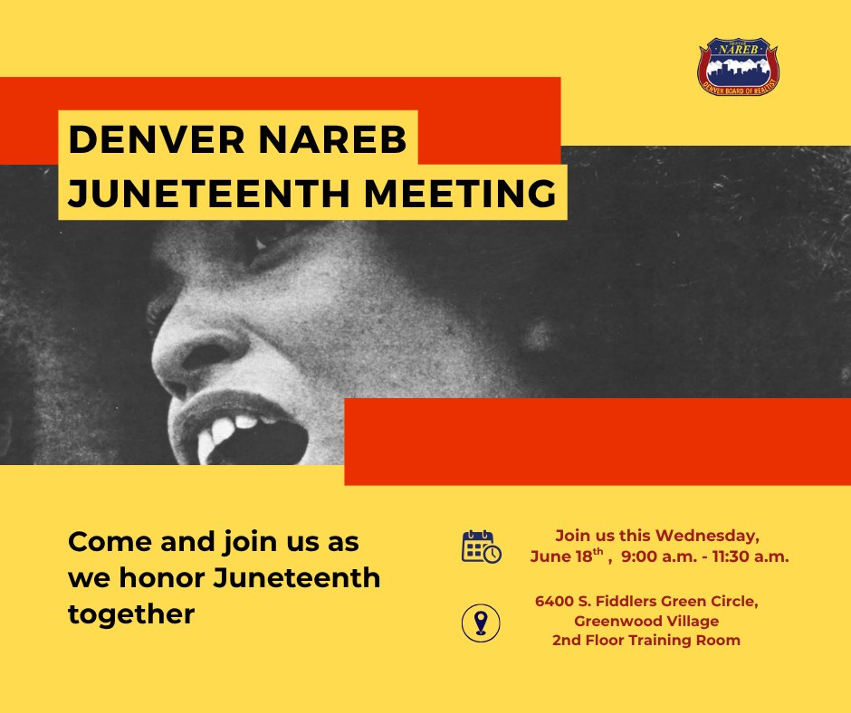 Let’s celebrate freedom, history, and community!
Join us for a powerful Juneteenth gathering filled with connection, reflection, and purpose. 

#DenverNAREB #Juneteenth2025 #CelebrateFreedom #BlackHistory365 #UnityInCommunity #HonorThePast #PowerInPurpose