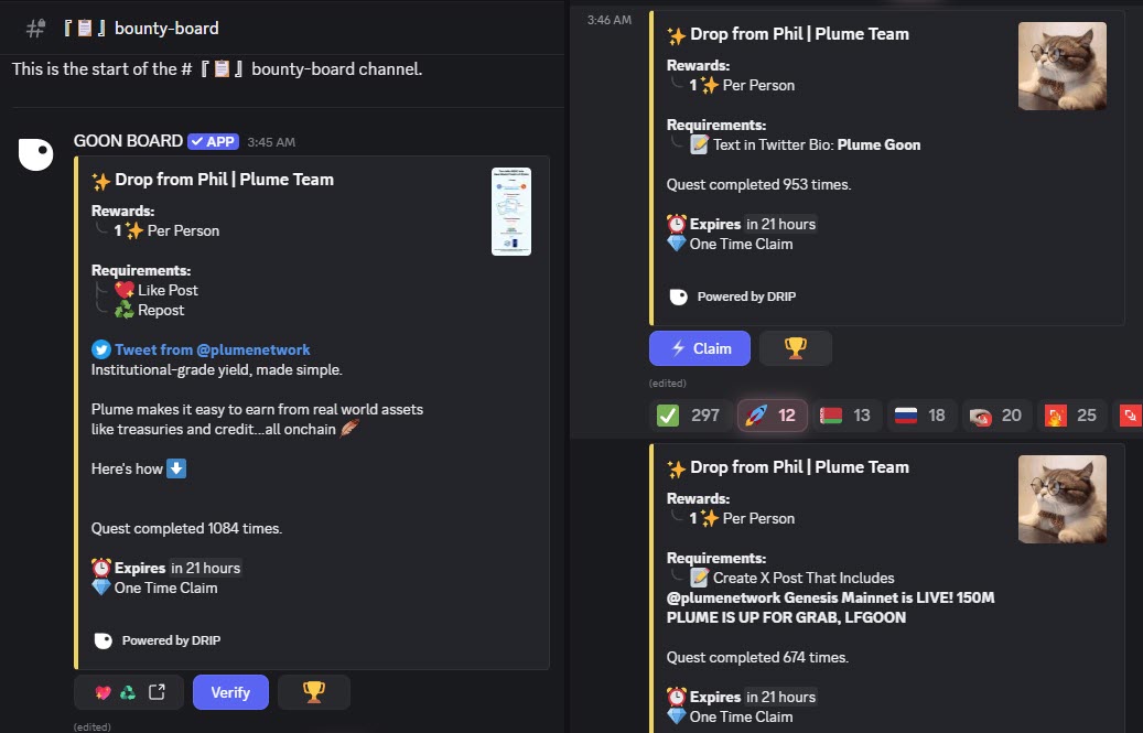 📌 <a href="/plumenetwork/">Plume</a> มีเควสมาใหม่ให้เก็บ Point 

ใน discord ห้อง bounty-board มี 3 เควสมาใหม่ให้เริ่มเก็บ Point โดยทุกๆ วันจะมี 3 เควสใหม่ให้ทำตลอดระยะเวลา 5 วัน

วันที่ 6 จะมีโรลใหม่เพิ่มเข้ามาและเปิดให้เคลมภายใน 48 ชม.

โดยโรลใหม่นี้จะแสดง Shiny New Badge ใน Portal 

นอกจากนี้