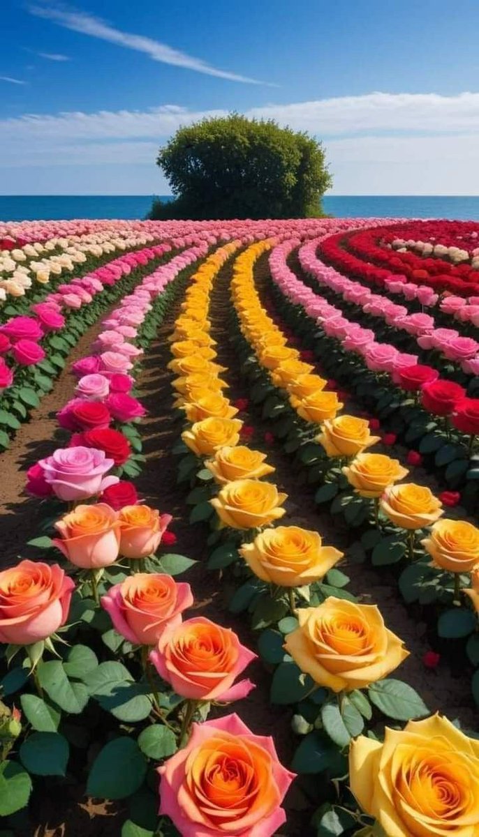 From gentle pink to vibrant yellow and orange, it's truly pleasing to the eye. The orderly path beautifully stretches towards the horizon, surrounded by tranquil seas and clear blue skies, perfectly harmoniously showcasing the grandeur of nature. The lush greenery and solitary