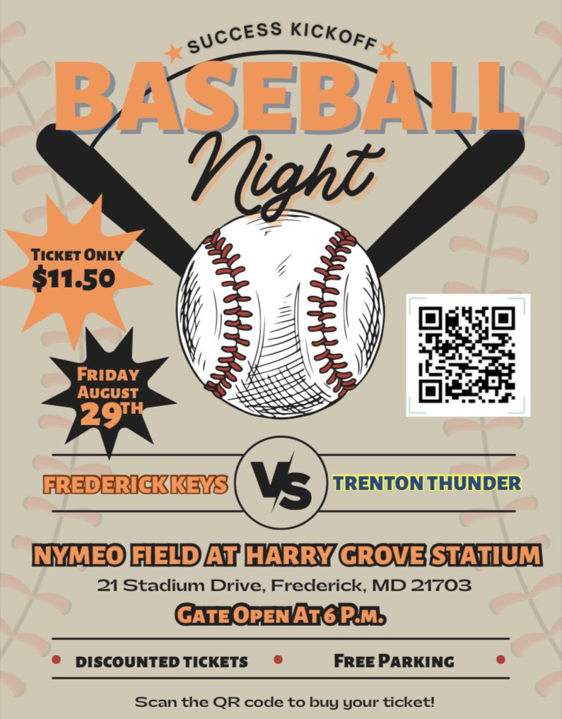 VanessaToner's tweet photo. Tickets are on sale for @FCPSMaryland Success Kickoff Baseball Night! Enjoy a @FrederickKeys game with some of your Success friends on Friday August 29th to celebrate the start of the school year! #fcpssuccess #frederickkeys https://t.co/xWqdT92DB3