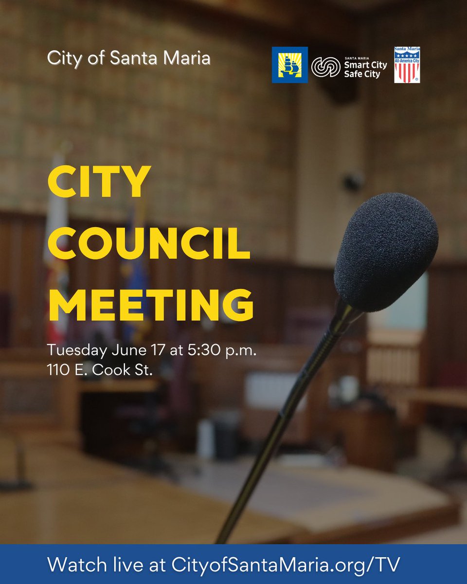 City_SantaMaria's tweet image. ⏰Starts at 5:30 p.m.
🧏🏻♀️Closed captions available in Spanish and English 💬
📺 Watch live meeting at CityofSantaMaria.org/TV
Empieza a las 5:30 p.m.
Vea la reunión en vivo en
Subtítulos disponibles en español e inglés 💬