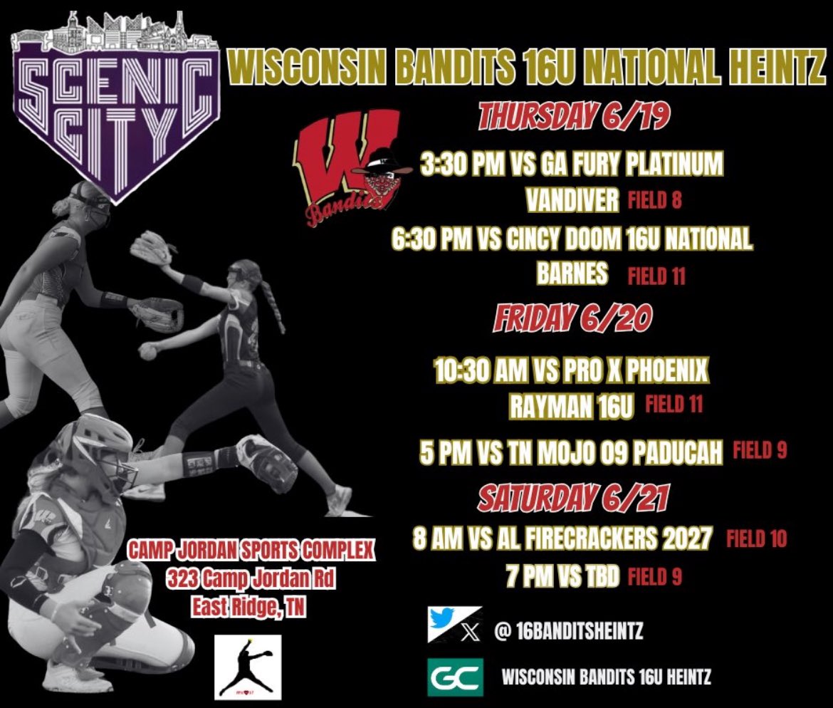 lexieichhorn26's tweet image. Heading down to the Scenic City Summer Tournament in Chattanooga, TN. I hope you can come watch my @16BanditsHeintz team play! @WisconsinBandi1 @ConnectSports_ @Sports_Recruits #sceniccity #Chattanooga #theultimatefastpitchexperience