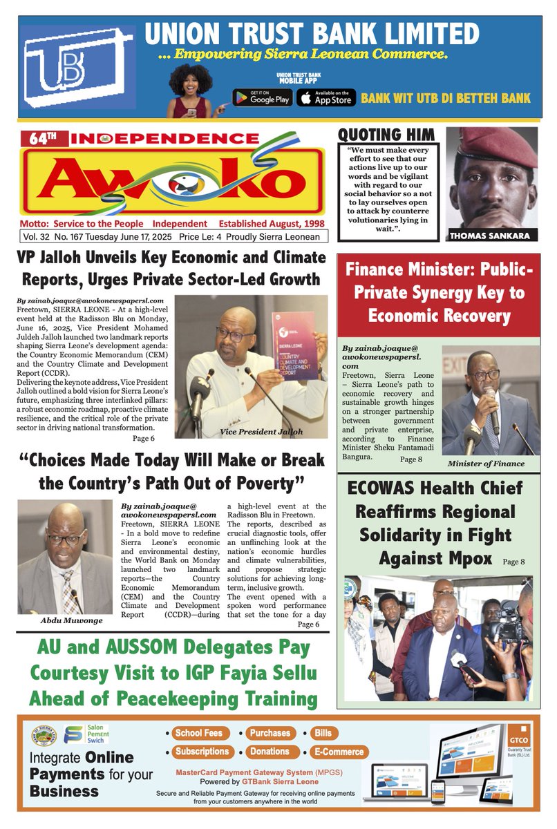 awokonewspaper (@awokonewspaper) on Twitter photo Front page Tuesday 17th June 2025 ... <a href="/awokonewspaper/">awokonewspaper</a> Get the full digital version on this link … play.google.com/store/apps/det… … apple store apps.apple.com/in/app/awoko-e… awokonewspapersl.com
Whatsapp channel
whatsapp.com/channel/0029Va…
#Awokonewspaper #SaloneTwitter #SaloneX Front page Tuesday 17th June 2025 ... <a href="/awokonewspaper/">awokonewspaper</a> Get the full digital version on this link … play.google.com/store/apps/det… … apple store apps.apple.com/in/app/awoko-e… awokonewspapersl.com
Whatsapp channel
whatsapp.com/channel/0029Va…
#Awokonewspaper #SaloneTwitter #SaloneX
