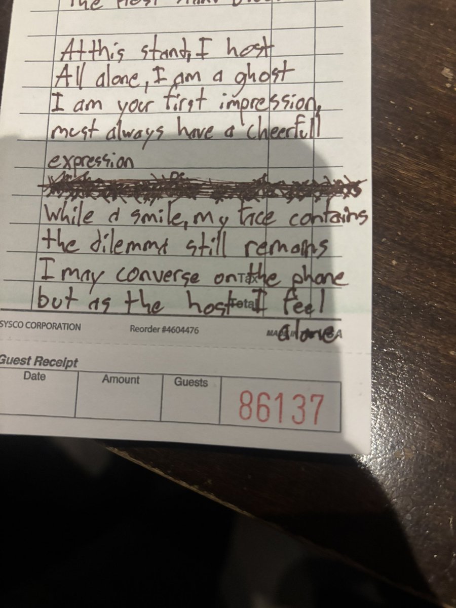 NapingRigger's tweet photo. super slow day hosting for my buddy…he wrote a relatable poem for those who can relate. #host #restaurant #poetrycommunity #poetrylovers #Israel https://t.co/P5XsFEGJlD