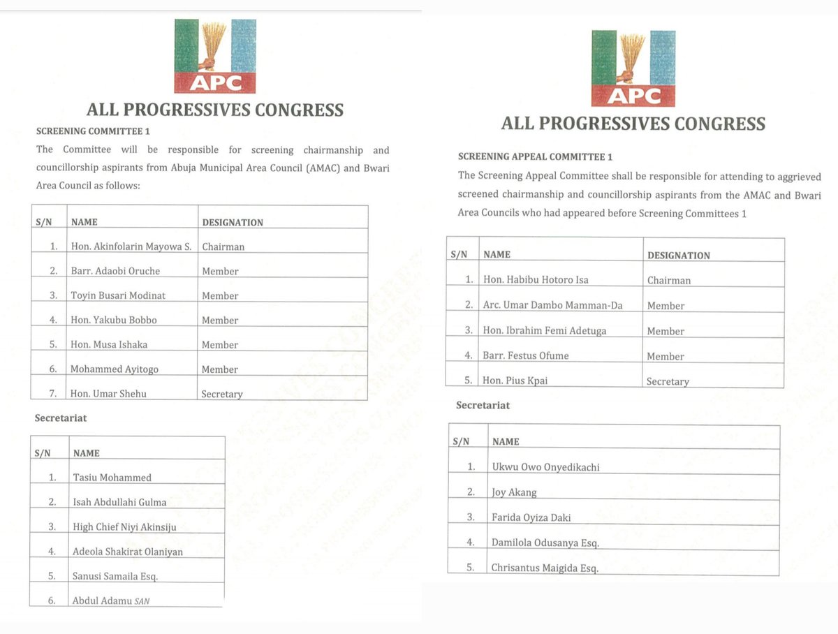 OfficialAPCNg's tweet photo. APC RELEASES SCREENING &amp; SCREENING APPEAL COMMITTEES FOR 2026 AREA COUNCIL ELECTIONS IN THE FEDERAL CAPITAL TERRITORY (FCT), ABUJA. 

INAUGURATION (Chairmen&amp;Secretaries) 

Date: Tuesday, 17th June, 2025
Venue: APC National Secretariat, 40 Blantyre Street, Wuse2, Abuja 
Time: 12pm https://t.co/TdXYPHkRDV