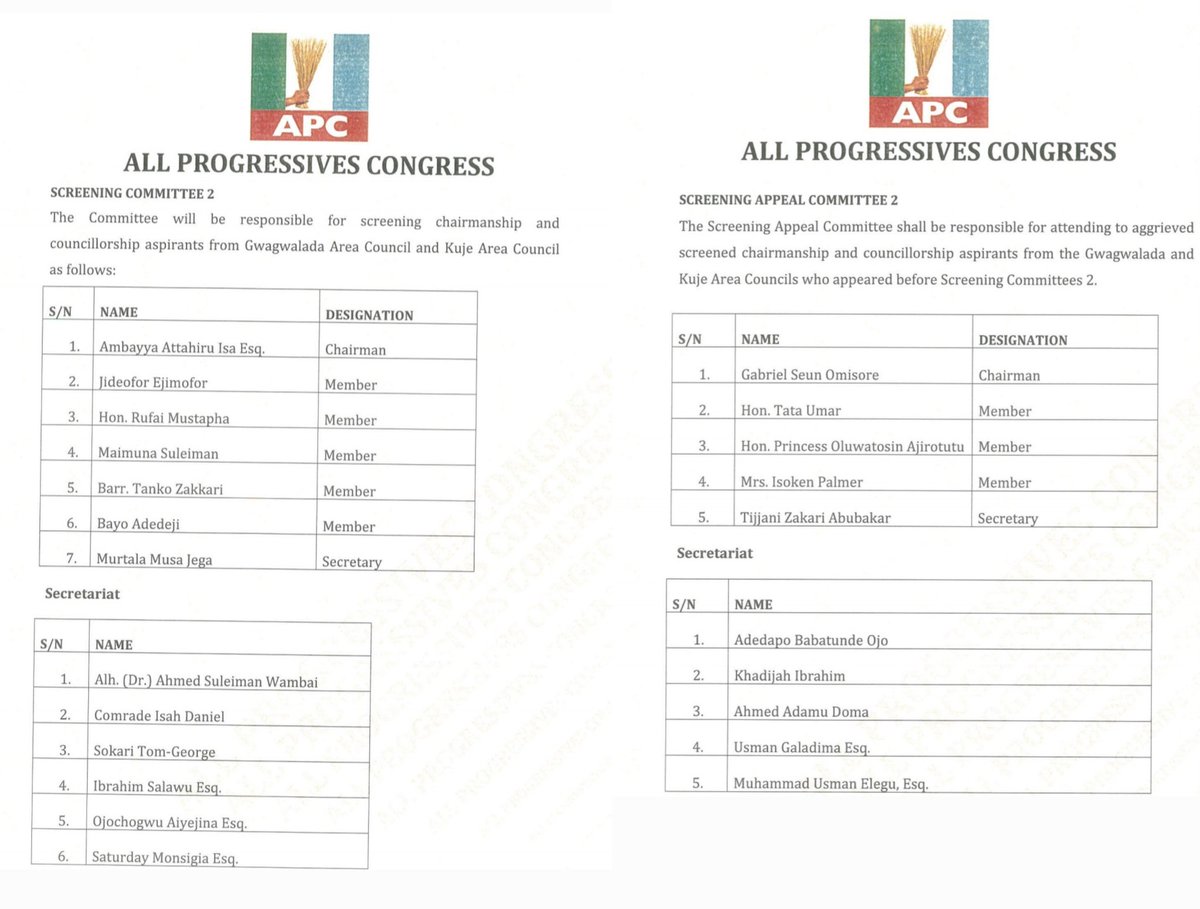 OfficialAPCNg's tweet photo. APC RELEASES SCREENING &amp; SCREENING APPEAL COMMITTEES FOR 2026 AREA COUNCIL ELECTIONS IN THE FEDERAL CAPITAL TERRITORY (FCT), ABUJA. 

INAUGURATION (Chairmen&amp;Secretaries) 

Date: Tuesday, 17th June, 2025
Venue: APC National Secretariat, 40 Blantyre Street, Wuse2, Abuja 
Time: 12pm https://t.co/TdXYPHkRDV
