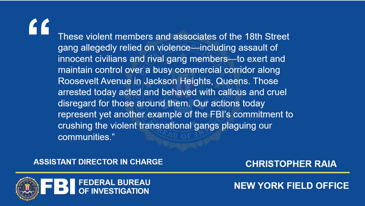 ADIC Raia spoke at an @EDNYNews press conference earlier today announcing charges against eight members and associates of the transnational 18th Street Gang for racketeering crimes in Queens.  ow.ly/ozuM50WasWQ