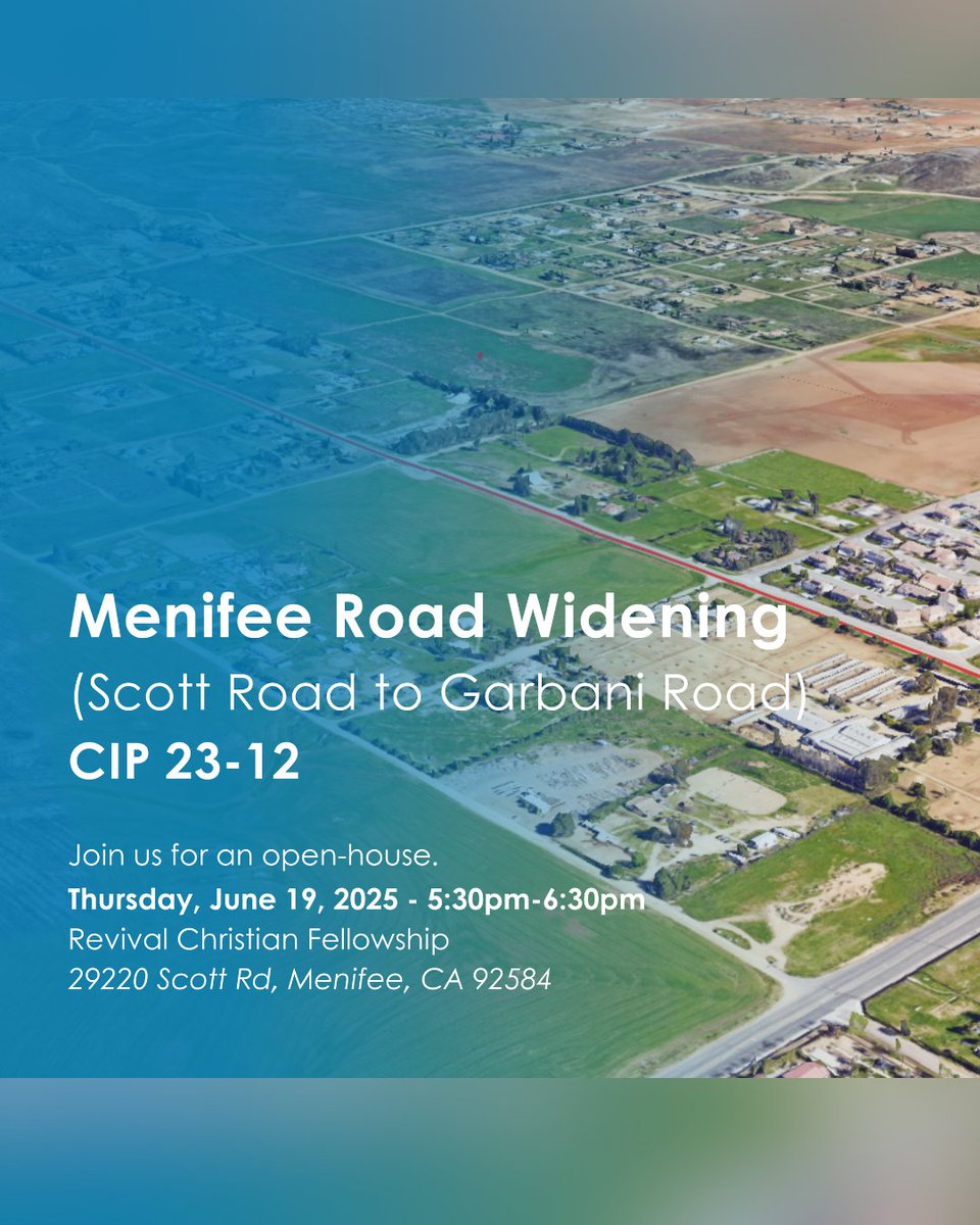 Menifee Road Widening – Public Meeting! 🚧

Come learn about plans to widen Menifee Road between Garbani Road and Scott Road! Drop in to view designs, ask questions, and meet the team.

Project is in design &amp; environmental review. For more information visit the link in our bio.