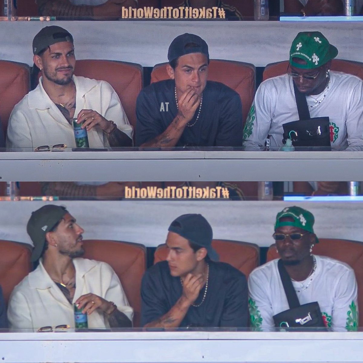 🏟️🏆🤩 Invitados de lujo: Leandro Paredes, Paulo Dybala y Paul Pogba viendo el partido de Boca en Miami.