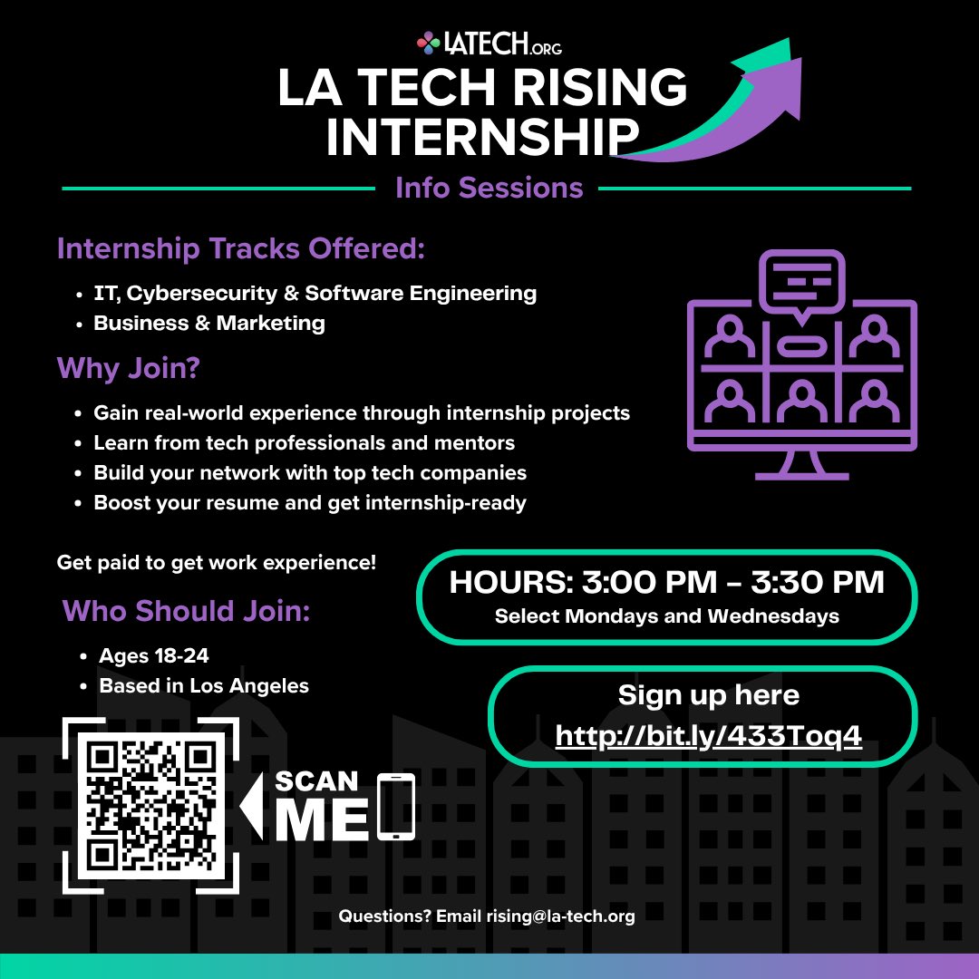 The LA Tech Rising Internship Program offers immersive learning and 1-on-1 mentorship in either IT/Cybersecurity &amp; Software Engineering or Business &amp; Marketing. 

Build your skills, network with leaders, and gain valuable experience.

#LATechRising #interns #TechOpportunities