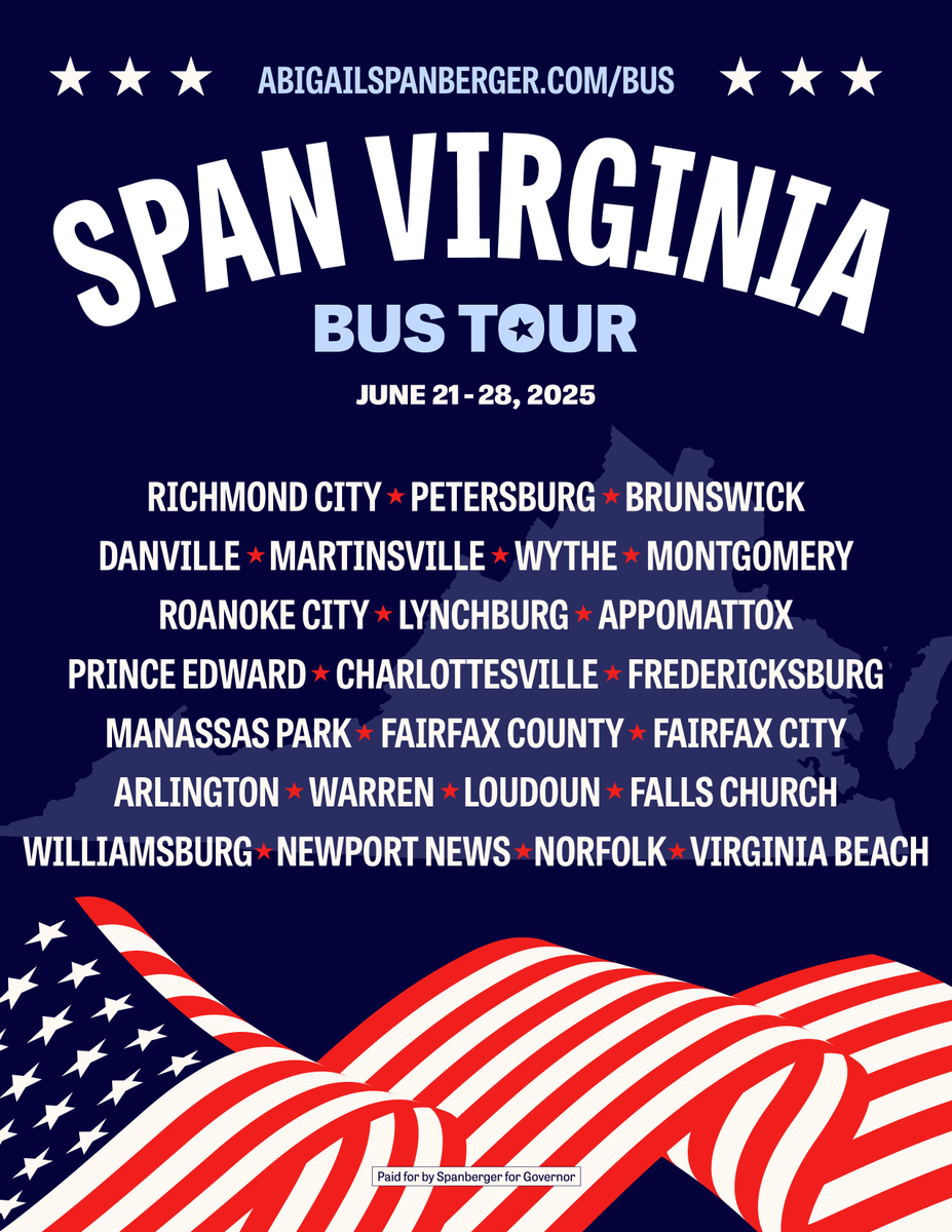 🚌 Big news: we’re hitting the road on the Span Virginia Bus Tour!

For 8 days, I’ll be traveling across Virginia to listen, connect, and share my vision for a more affordable, safer, and stronger Commonwealth. Find an event near you at abigailspanberger.com/bus