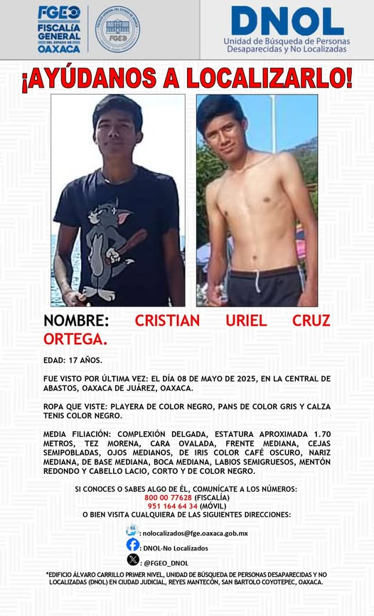 Solicitamos de tu apoyo en difusión para dar pronta localización a Cristian Uriel Cruz Ortega, comunícate a los teléfonos de COBUPEM 800 216 0361, 800 509 0927. #TodosEnLaBúsqueda