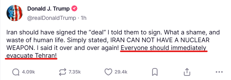 ‼️Fuck Trump! It's impossible to evacuate a city with 15 fucking million population. It's an obvious attempt to justify a bloodshed in #Tehran.

#FuckIsrael
#IranUnderAttack