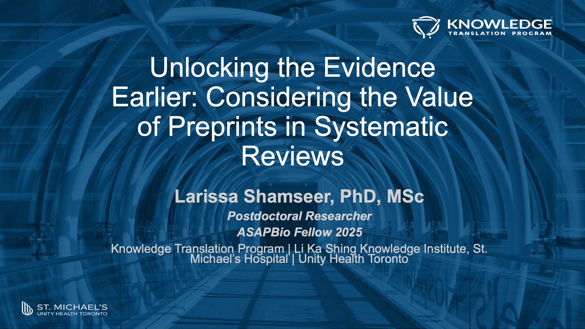 JBI (@jbiebhc) on Twitter photo Dr Larissa Shamseer, post-doctoral research fellow with the Knowledge Translation Program at St Michaelās Hospital, <a href="/UnityHealthTO/">Unity Health Toronto</a>, presents on āConsidering the Role of Preprints in Evidence Synthesisā.
Watch the full video here: youtu.be/CNuurgqDszE
#JBIEBHC #EBHC Dr Larissa Shamseer, post-doctoral research fellow with the Knowledge Translation Program at St Michaelās Hospital, <a href="/UnityHealthTO/">Unity Health Toronto</a>, presents on āConsidering the Role of Preprints in Evidence Synthesisā.
Watch the full video here: youtu.be/CNuurgqDszE
#JBIEBHC #EBHC