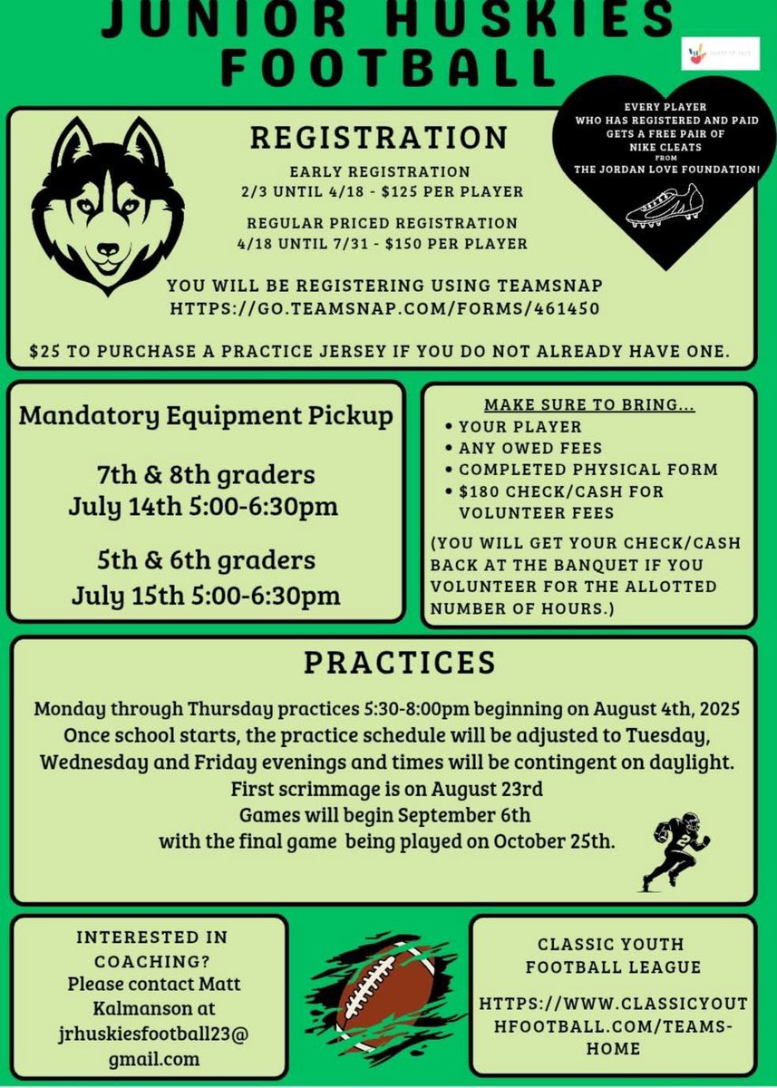 Still time to join/sign up for our Junior Huskies Football Program! 

Players even get brand new cleats courtesy of the Jordan Love Foundation! 

go.teamsnap.com/forms/461450