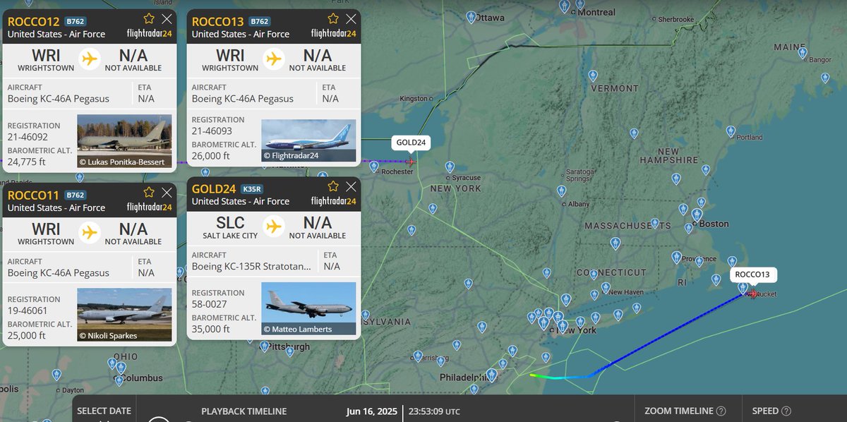 vcdgf555's tweet photo. Four tankers, eastbound.
Rocco flt grouping at Nantucket Island.
🇺🇸 ROCCO11 is KC-46A 19-46061 #AE5FA8
🇺🇸 ROCCO12 is KC-46A 21-46092 #AE63C8
🇺🇸 ROCCO13 is KC-46A 21-46093 #AE63C9
🇺🇸 CORONET callsign GOLD24 is KC-135R 58-0027 #AE0476 https://t.co/eWlDU9HE6T