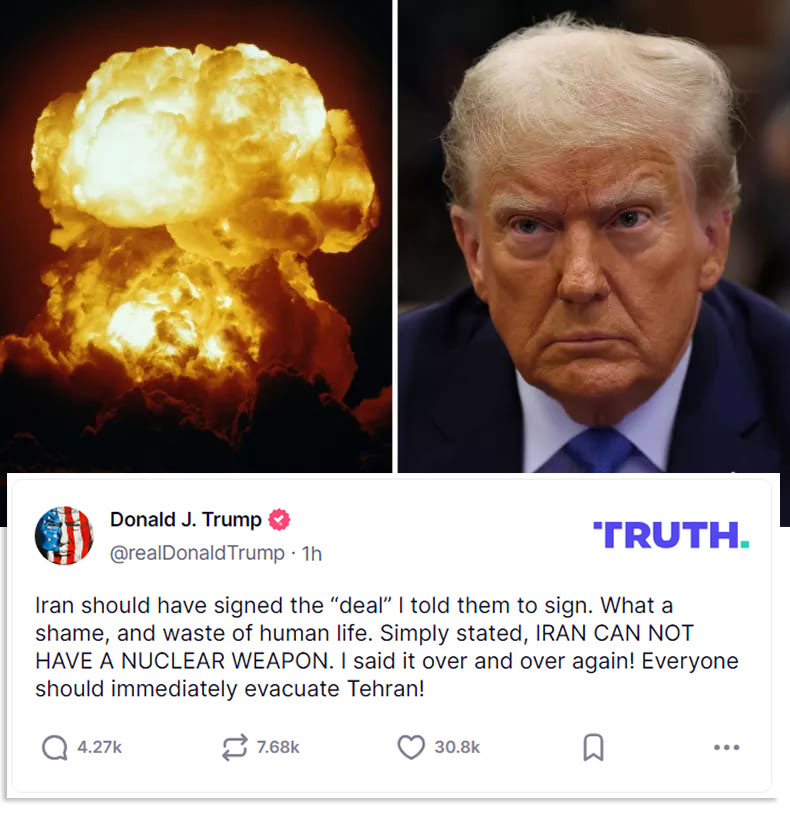 Доналд Трамп: "Иран не може имати нуклеарно оружје! То сам више пута понављао. Сви треба одмах да се евакуишу из Техерана" tinyurl.com/23dfo9kr