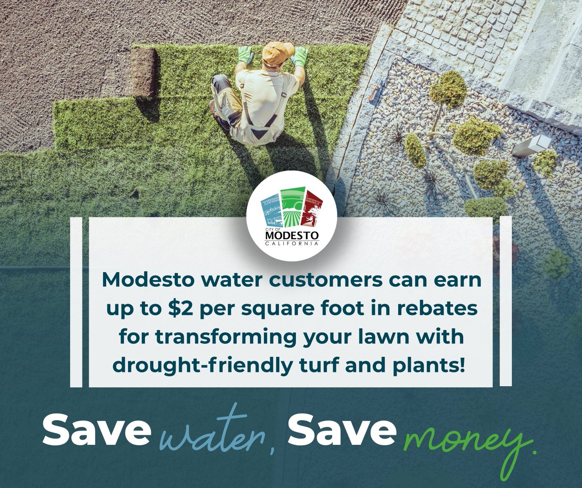 Grass guzzles water. Swap it for something smarter and get a rebate! You could get $2 per square foot back with the City of Modesto’s Turf Replacement Program!

Learn more and apply now at: modestogov.com/922/Turf-Repla…