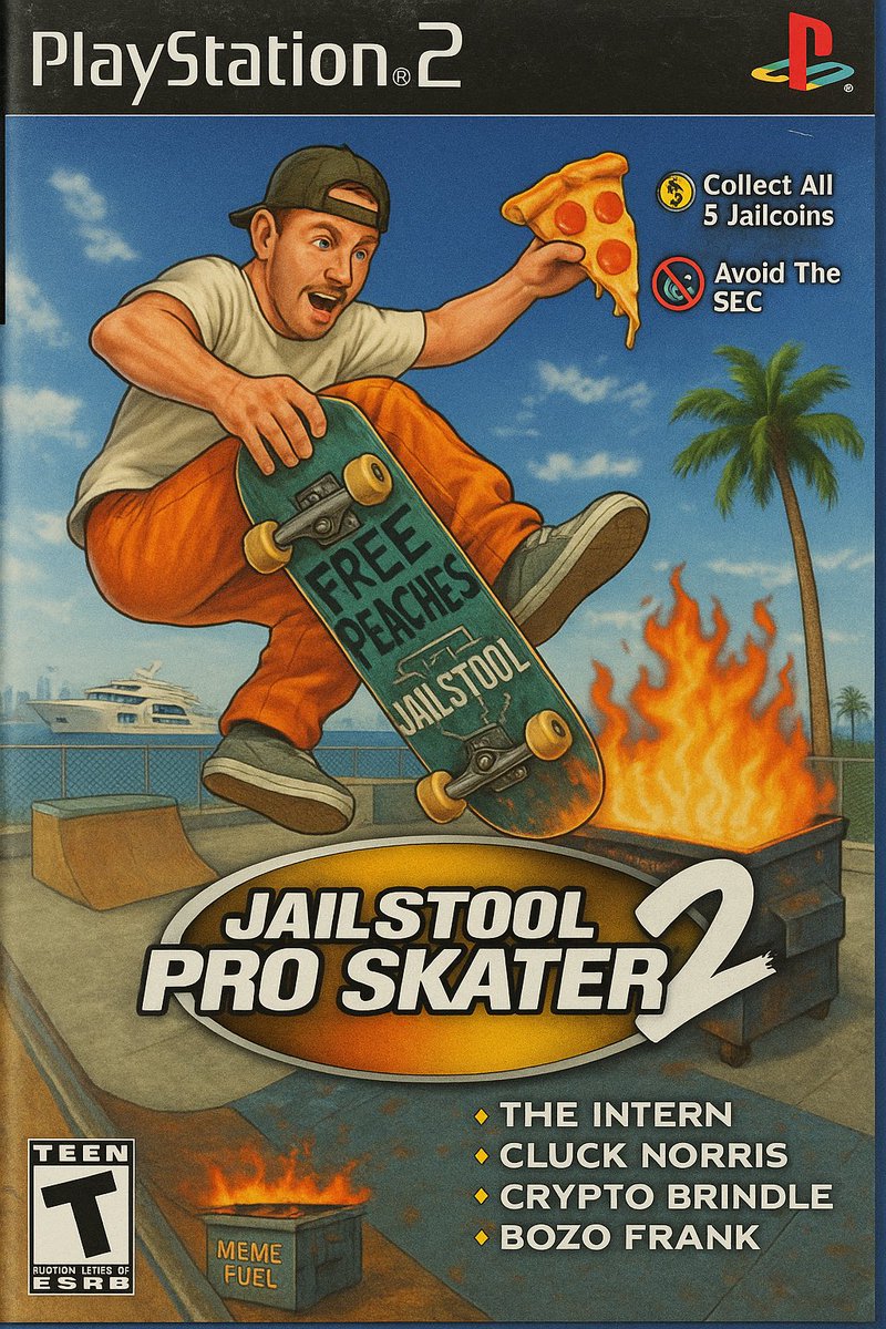 🛹 Jailstool Pro Skater 2 just dropped.

✅ Collect all 5 Jailcoins
🔥 Manual over the Meme Fuel dumpster
🐔 Unlock Cluck Norris and Crypto Brindle
🚨 Avoid the SEC

Available nowhere. Rated BZ for Bozo Zone.

#Jailstool #CryptoSkater #BozoGaming