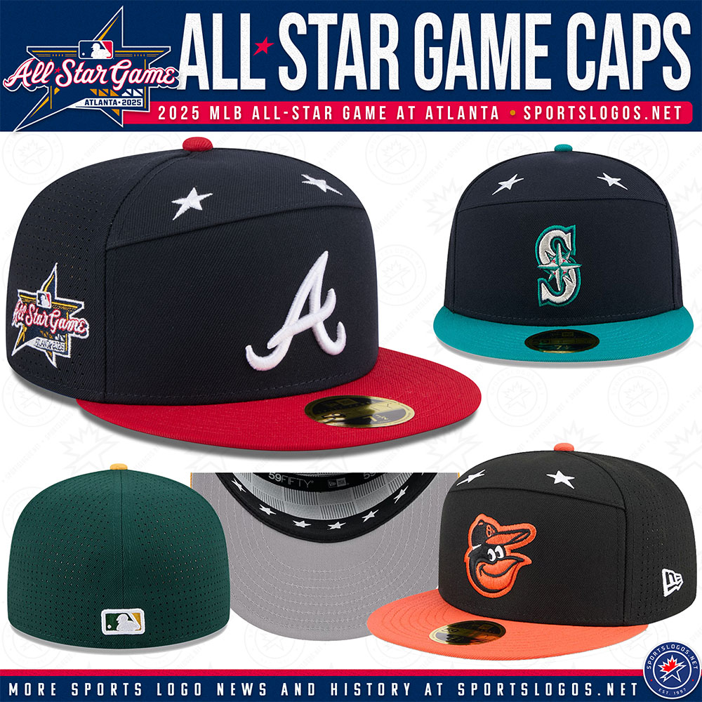 New today! Here's your 2025 MLB All-Star cap design, a new horizontal-split in the front panel. 

Check out all 30 team caps plus the jerseys and caps that will be worn for the Home Run Derby right here: news.sportslogos.net/2025/06/16/mlb…