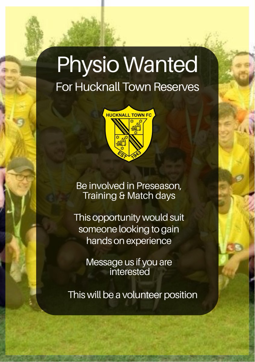 Hum1Hum2Hum3's tweet photo. 📢 JOIN OUR TEAM 📢

Hucknall Town Reserves are looking for a Physio to join our matchday management team 🩺⚽

A great chance to be part of a tight-knit squad, support local talent &amp; gain hands-on experience in grassroots football 💛

📩 Interested? Drop us a DM!

#HucknallTown https://t.co/YcxVppCuSY